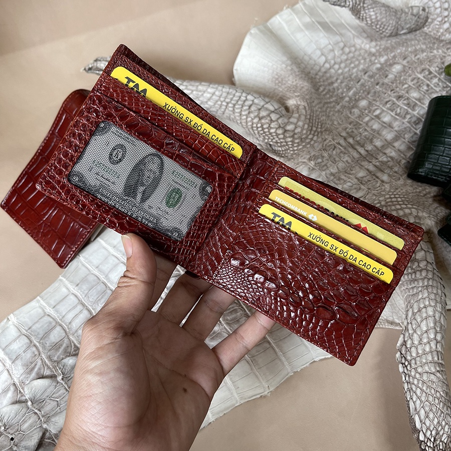 Ví Cá Sấu Da Thật 2 Mặt Phần Da Bụng Trơn Màu Nâu Đỏ BH 24T TD15223