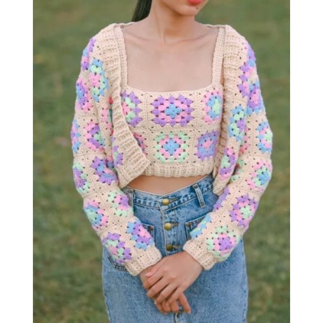 ÁO KHOÁC LEN MÓC GHÉP Ô - CROCHET SQUARE CARDIGAN (handmade)