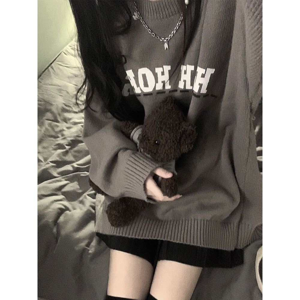 Áo Sweater Dáng Rộng Màu Xám Nhuộm Phong Cách Đường Phố Mới Cho Nữ
