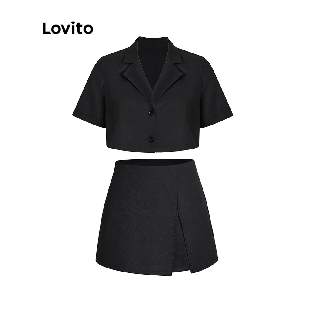 Bộ quần short + áo Lovito phối nút dây kéo phía tà trước màu trơn đơn giản cho nữ L45AD044 (màu đen)