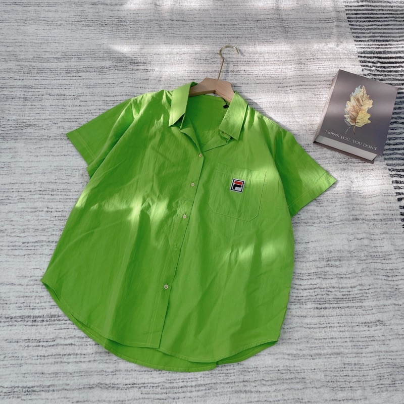 Áo sơ mi tay ngắn thêu chất cotton bột phom rộng freesize