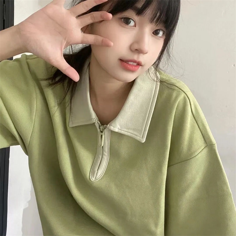 Áo polo Tay Ngắn Dáng Rộng Có Khóa Kéo Phối Màu Sắc Phong Cách Nhật Hàn Thời Trang Cho Nữ