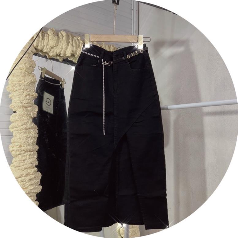 Chân Váy jeans Dài Co Giãn Xẻ Trước, Đính Nút Xịn Đẹp, Đen, Trắng, Xanh