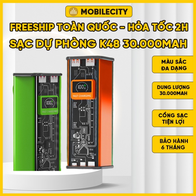 Sạc Dự Phòng K48 Pin 30.000mAh, Công Suất Tổng 72W, Sạc PD 22,5W, Trong Suốt Độc Lạ MobileCity Phụ Kiện