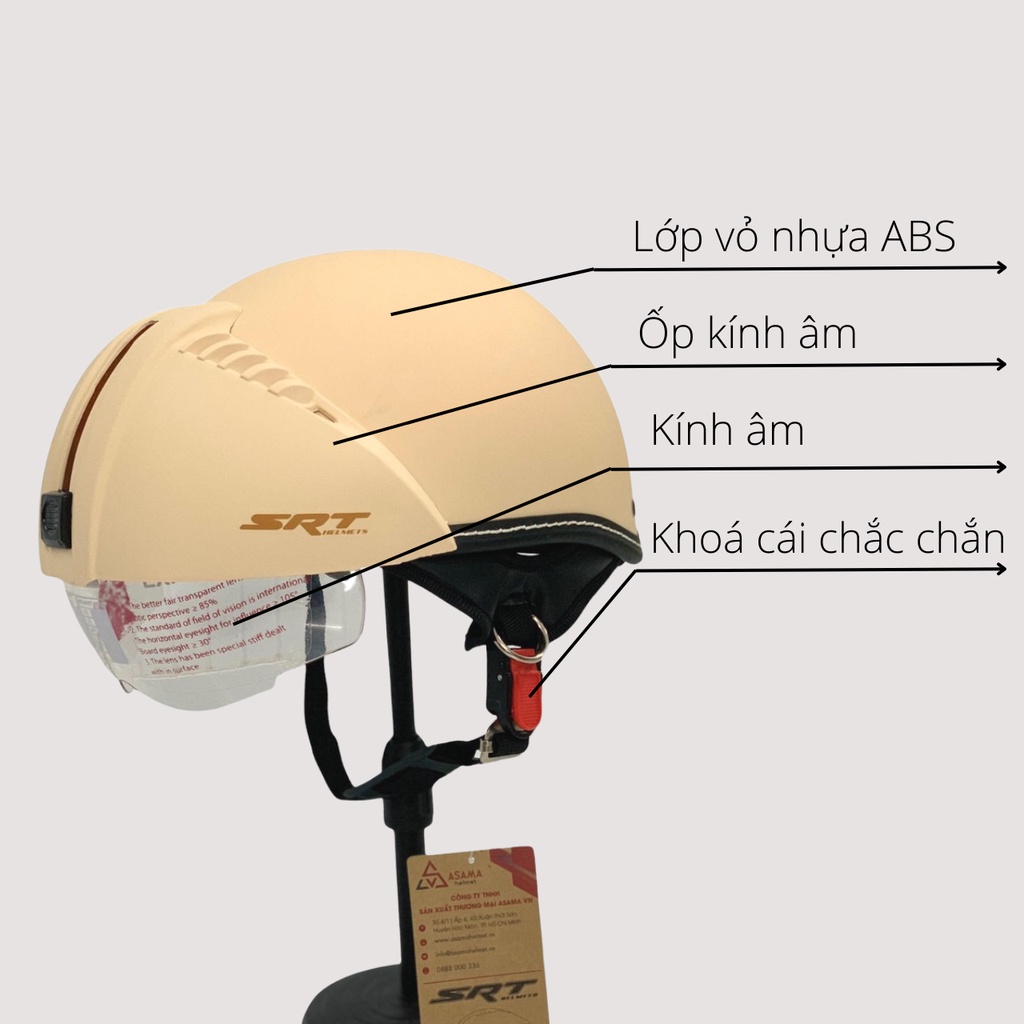 Mũ bảo hiểm 1/2 đầu SRT kính âm (SRT02), Size đầu 55-58cm - Bảo hành 12 tháng