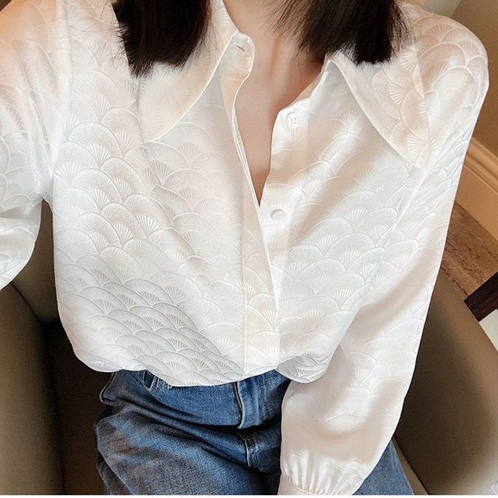 Áo Sơ Mi Trắng jacquard Cao Cấp Phong Cách Pháp Cổ Điển Hợp Thời Trang Cho Nữ