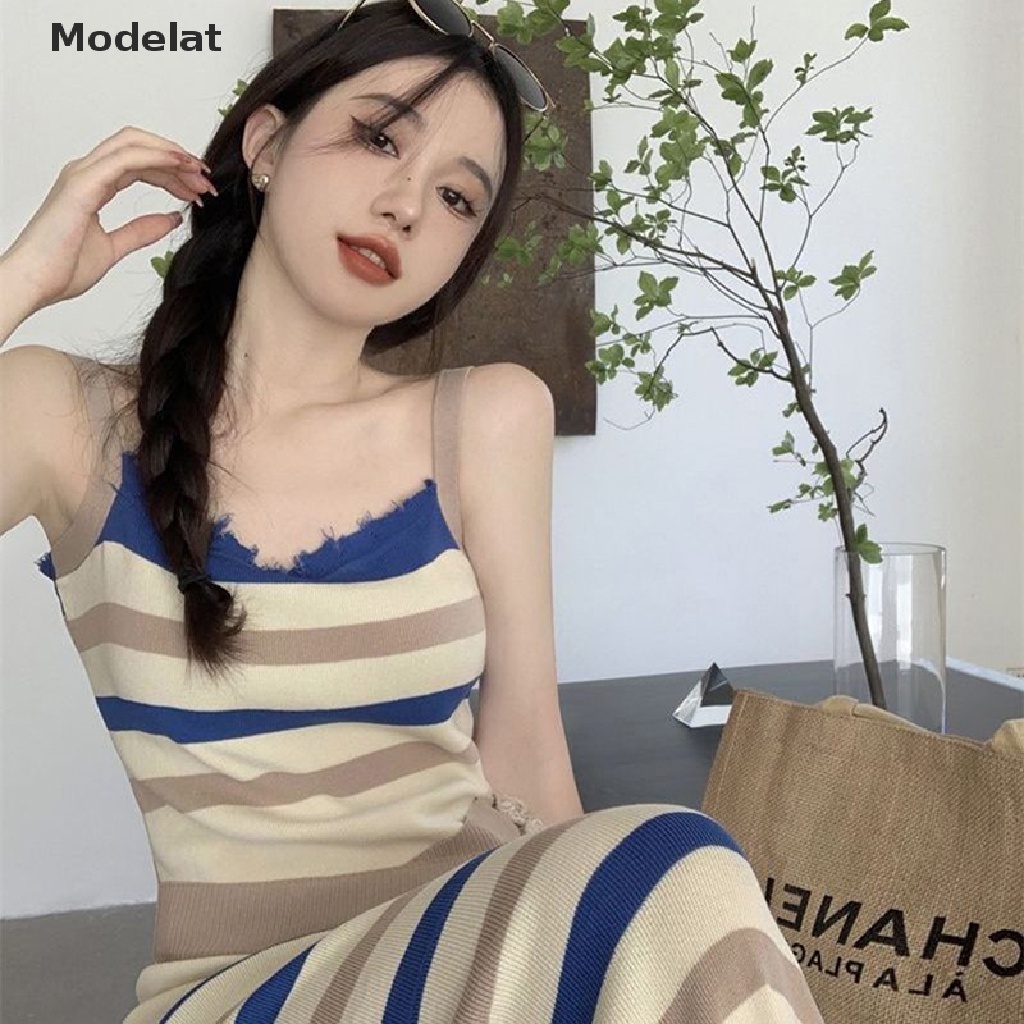 Mfc Đầm Dài Dệt Kim Không Tay Dáng Ôm Họa Tiết Kẻ Sọc Phong Cách Hàn Quốc Dành Cho Nữ