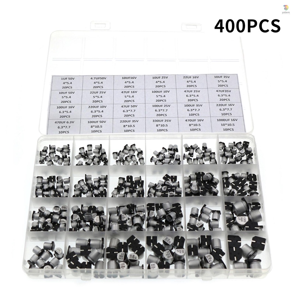 Set 400 Tụ Điện Nhôm 24 Giá Trị 1uF-1000uF 6.3V-50V Kèm Hộp Đựng