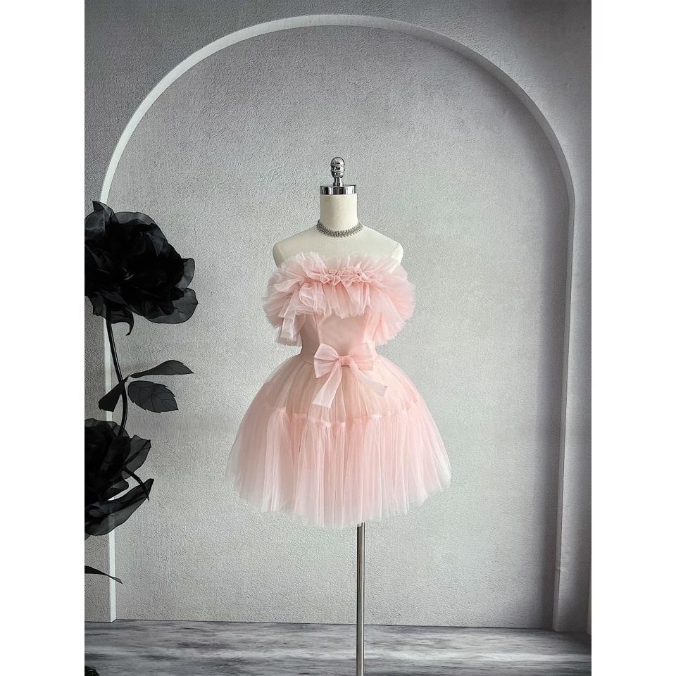 Đầm tiểu thư dễ thương, đầm công chúa dáng xòe xinh xắn đính nơ eo phối tưa rưa cúp ngực chất lưới có lót