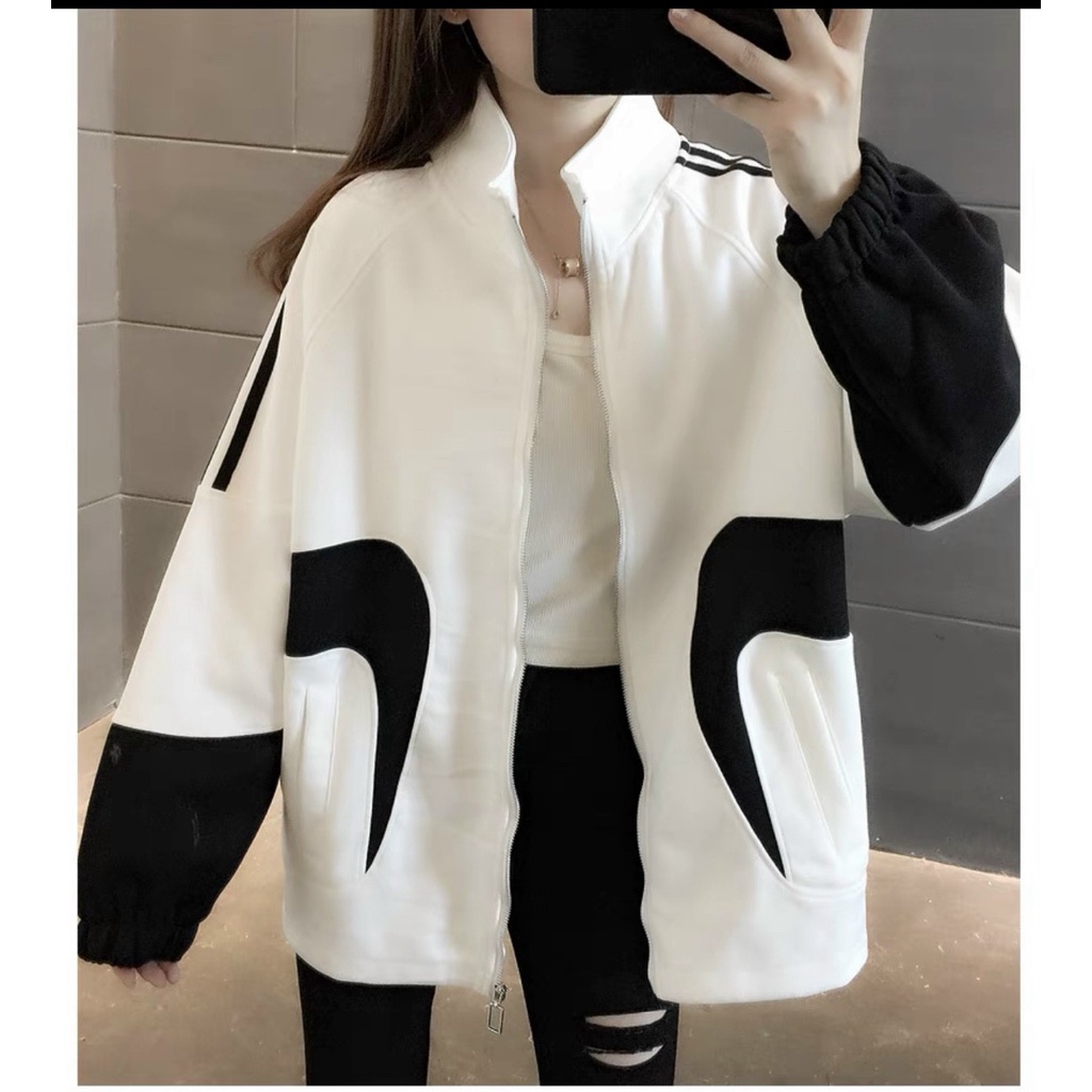 Áo Khoác  Nữ Cổ Cao Phối Màu đen trắng Thời Trang