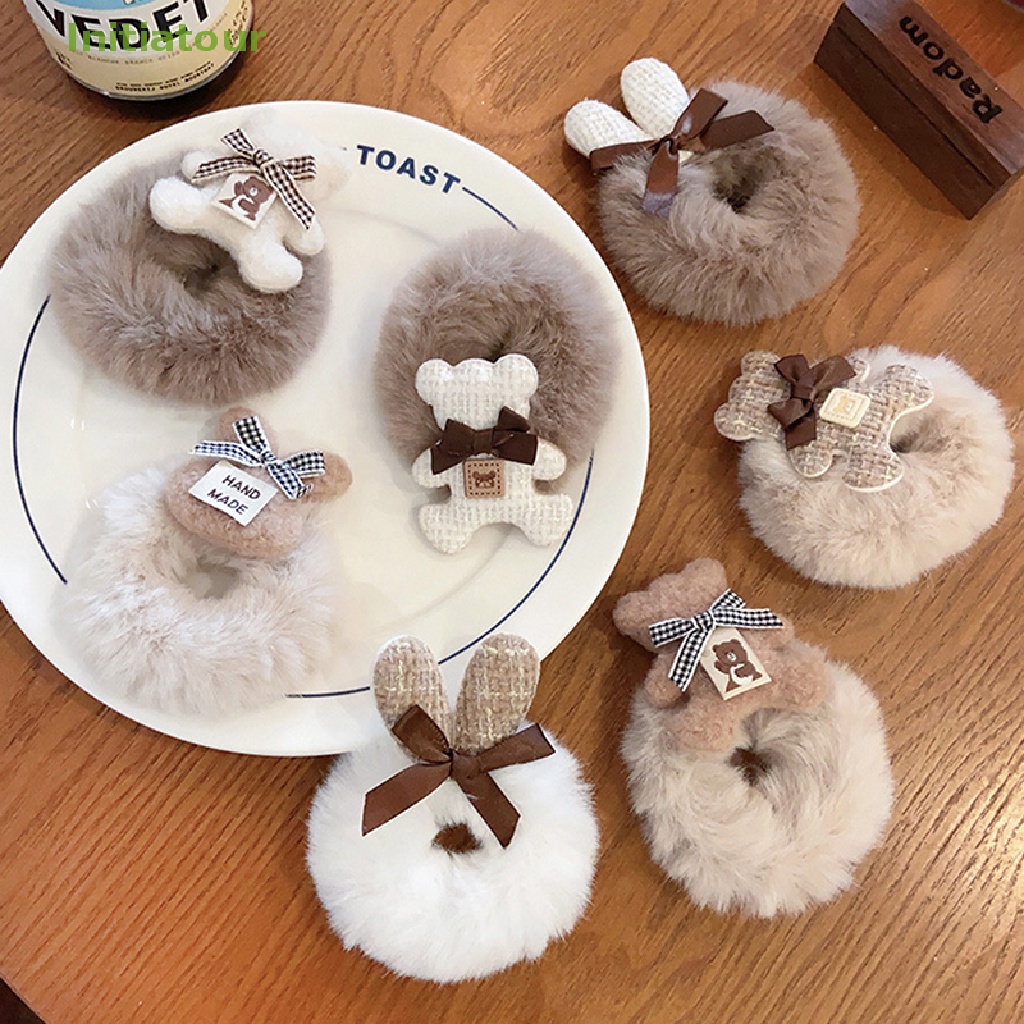 Dây Buộc Tóc Cao Su Đính Lông Trắng Hình Tai Thỏ Và Gấu Đáng Yêu Thời Trang Cho Nữ