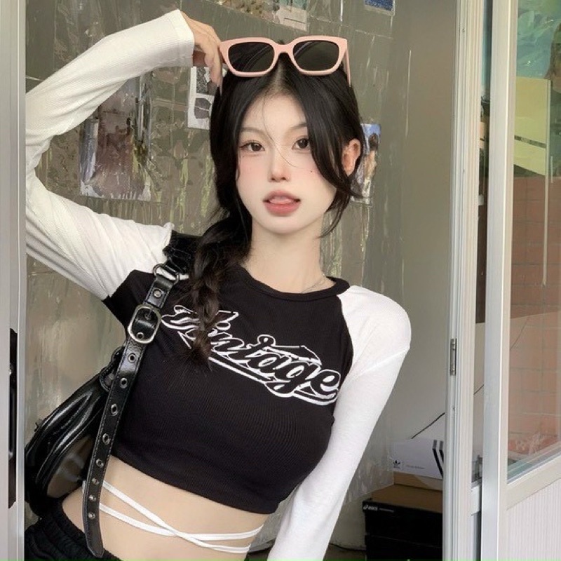 Áo croptop tay dài vintage cột dây