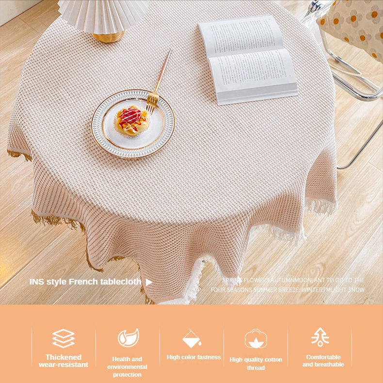 Khăn Trải Bàn Tròn Bằng Cotton Lanh Nhẹ Phối Tua Rua Kiểu Nhật Hàn Sang Trọng Trang Trí Nhà Cửa