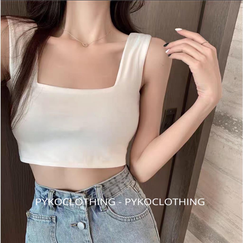 Áo ba lỗ cổ vuông hai lớp PYKO có mút đệm trẻ trung áo croptop hai dây bảng to 2 lớp basic chất vải borip tôn dáng | BigBuy360 - bigbuy360.vn