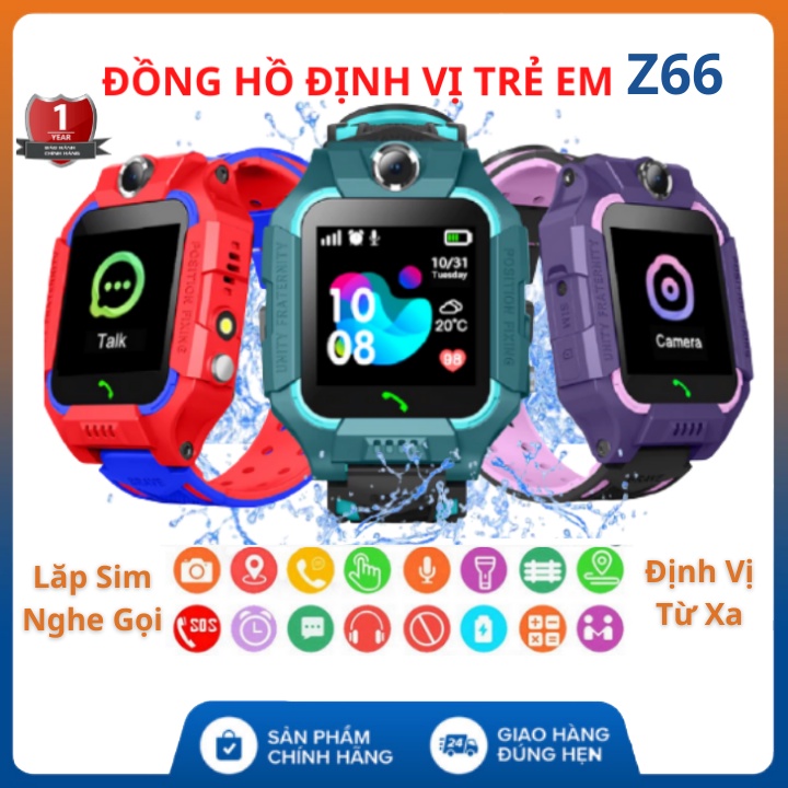Đồng hồ thông minh Định vị Z66, , Đồng hồ thông minh trẻ em định vị Có thể lắp sim nghe gọi 2 chiều chống nước chụp ảnh