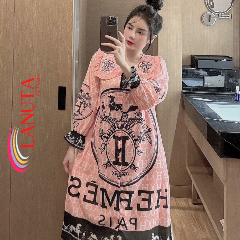 Váy ngủ mặc nhà đầm dáng dài cổ bèo tiểu thư dễ thương kute chất lụa mango LANUTA