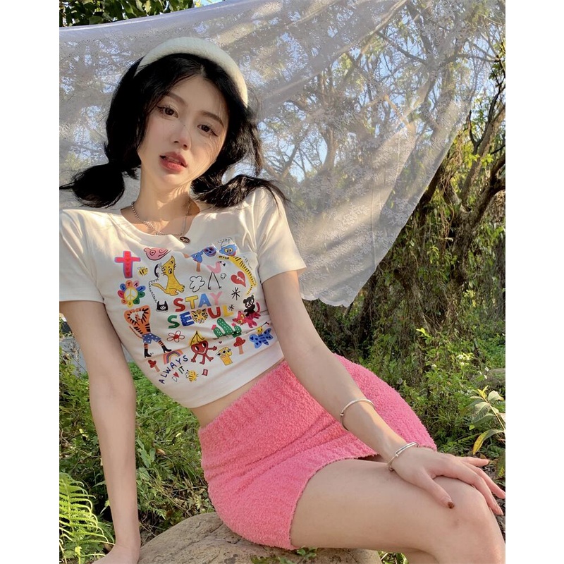 Áo Thun Croptop Tay Ngắn MIMILA Thiết Kế In Họa Tiết Hoạt Hình Phong Cách Hàn Quốc Dễ Thương - MA115