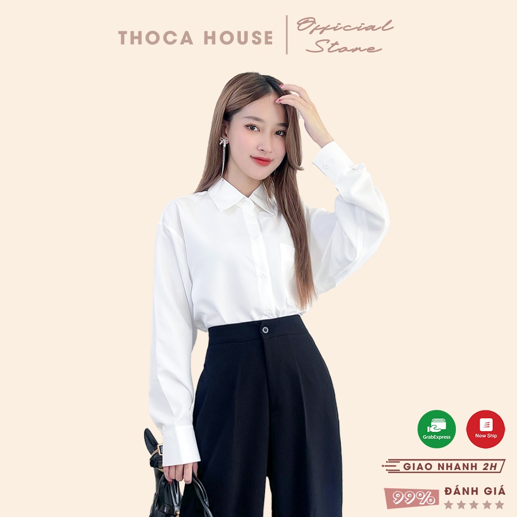 Áo sơ mi oversize tay dài trơn có túi THOCA HOUSE thanh lịch, thời thượng, phối đồ thường ngày