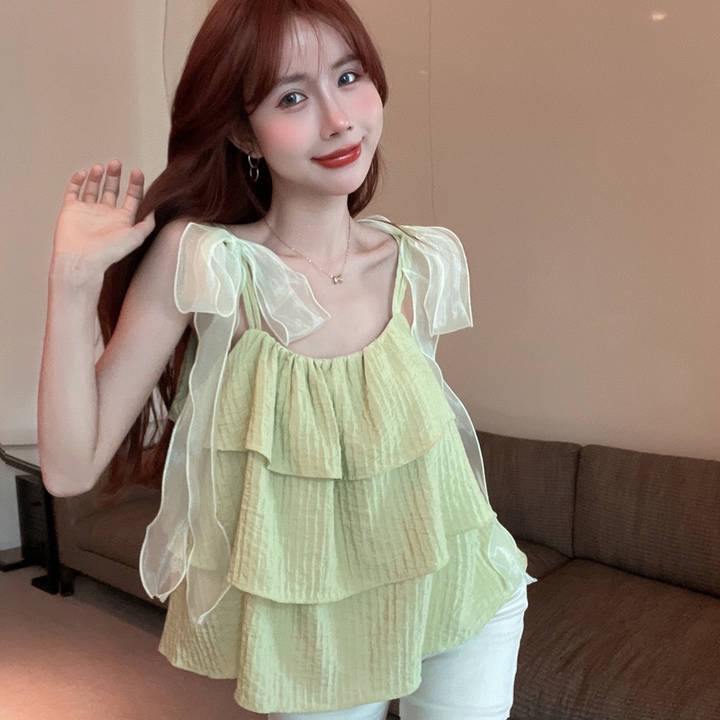 Áo Voan Hai Dây Phối Nơ Phong Cách Pháp Ngọt Ngào Thời Trang Mùa Hè Dành Cho Nữ