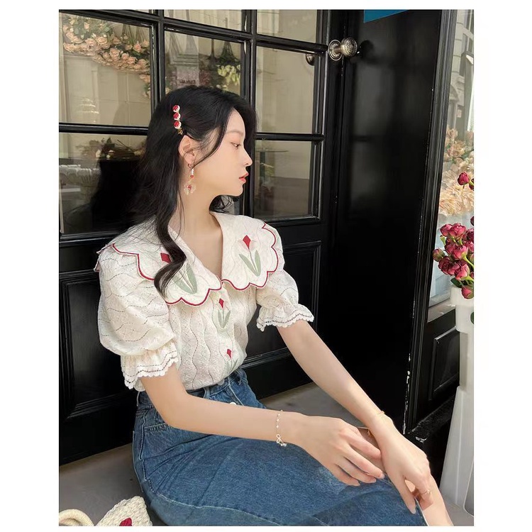 [MURIOKI] Áo Dệt Kim Tay Ngắn Cổ Búp Bê In Họa Tiết Hoa Phong Cách Pháp Thời Trang Mùa Hè 2023 Cho Nữ