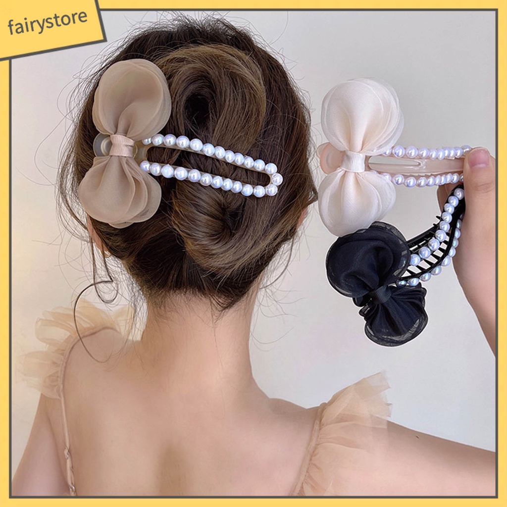 [Fairy1] Kẹp Tóc Càng Cua Đính Ngọc Trai Giả Thắt Nơ Rỗng Bằng Sợi Acrylic Chắc Chắn Cho Nữ