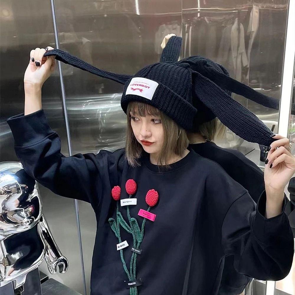 Wmes15h Mũ Len Dệt Kim Dày Mềm Co Giãn Đính Tai Thỏ Y2K Phong Cách Đường Phố Mùa Đông Ấm Áp