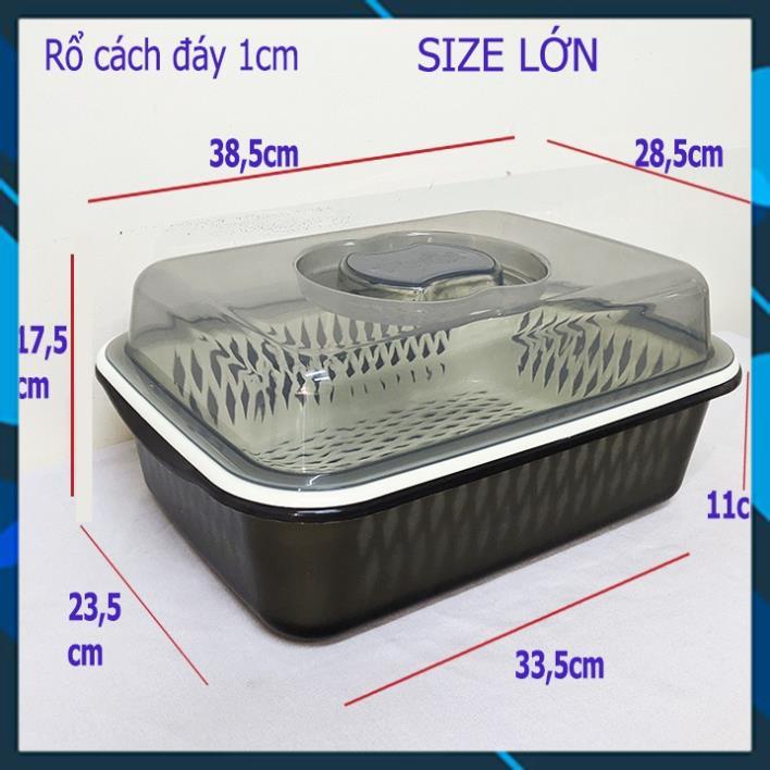 Hộp nhựa lớn có nắp và rổ nhựa, thau rổ có nắp, úp chén ly size lớn 38,5x28,5cm cao 17,5cm. MT3125