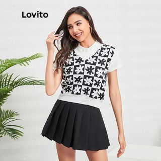 Áo kiểu Lovito giáng sinh không tay cổ chữ v ôm dáng họa tiết hoa và kẻ sọc L04158 (màu đen)