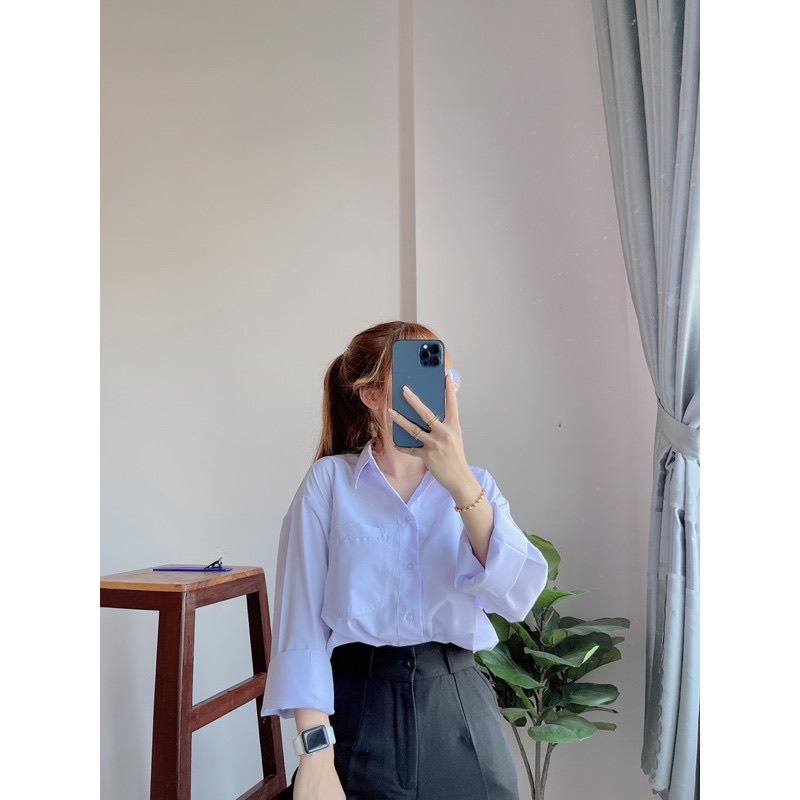 Áo Sơ Mi Trơn Form Rộng Màu Trắng Xanh Nam Nữ Unisex