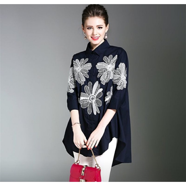 Đầm Sơ Mi Dài Dáng Rộng Thêu Họa Tiết Xinh Xắn Có Size Lớn Thời Trang Dành Cho Nữ