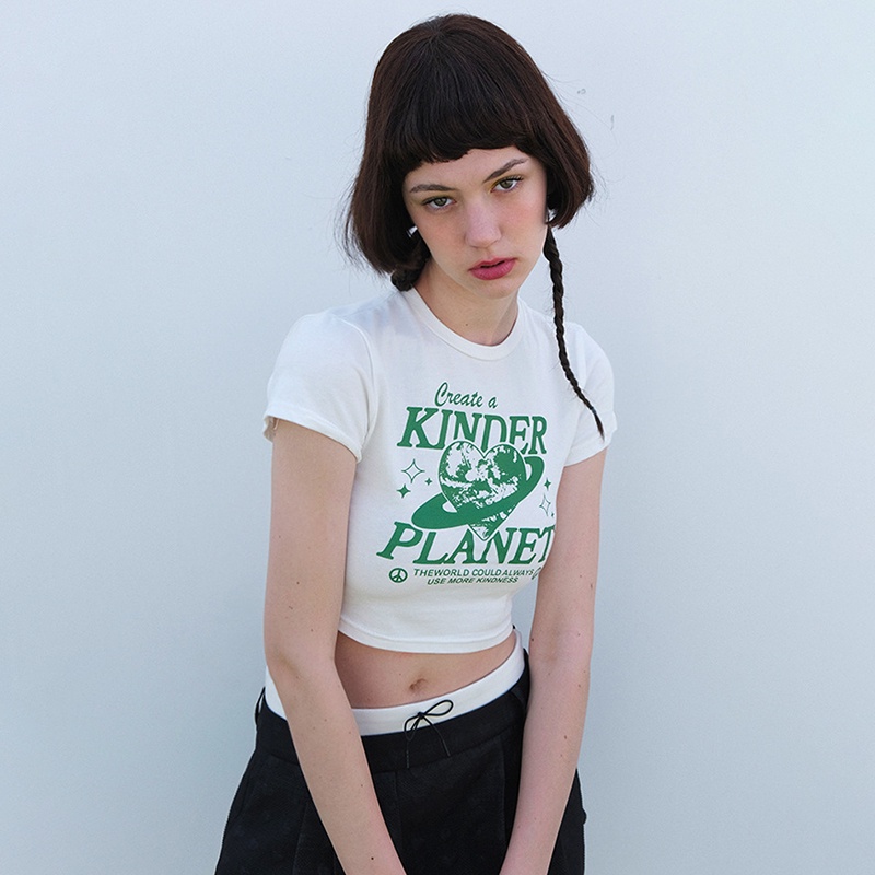 Áo Thun Croptop Tay Ngắn Cổ Tròn Dáng Ôm Vải Cotton In Họa Tiết Thời Trang Cho Nữ