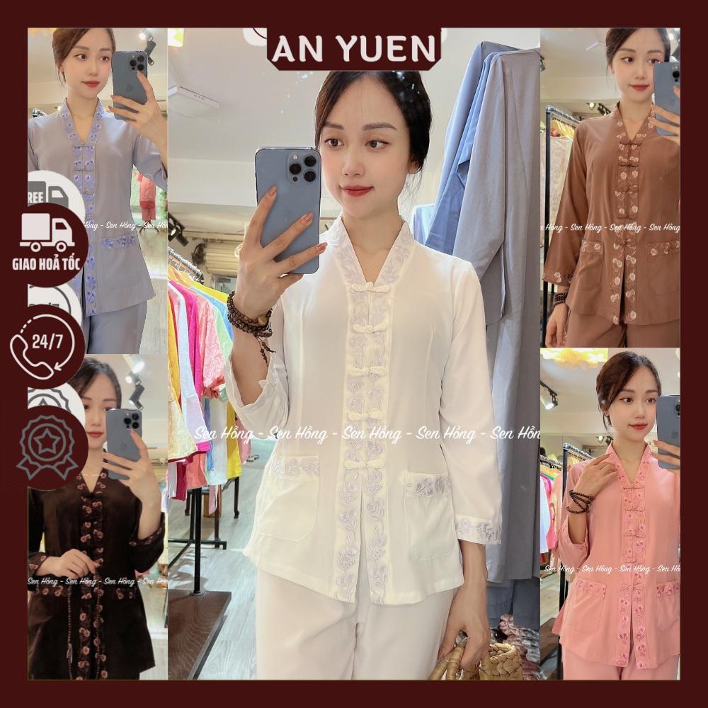 BỘ ĐI CHÙA NỮ - set pháp phục trung niên - đồ lam Phật tử thêu viền hoa vải mềm mát B7