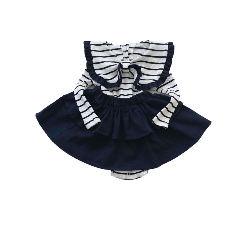 Set áo liền quần cổ bèo nơ to hoạ tiết sọc kẻ kèm chân váy xoè dễ thương cho bé gái diện đi chơi, dự tiệc EK204