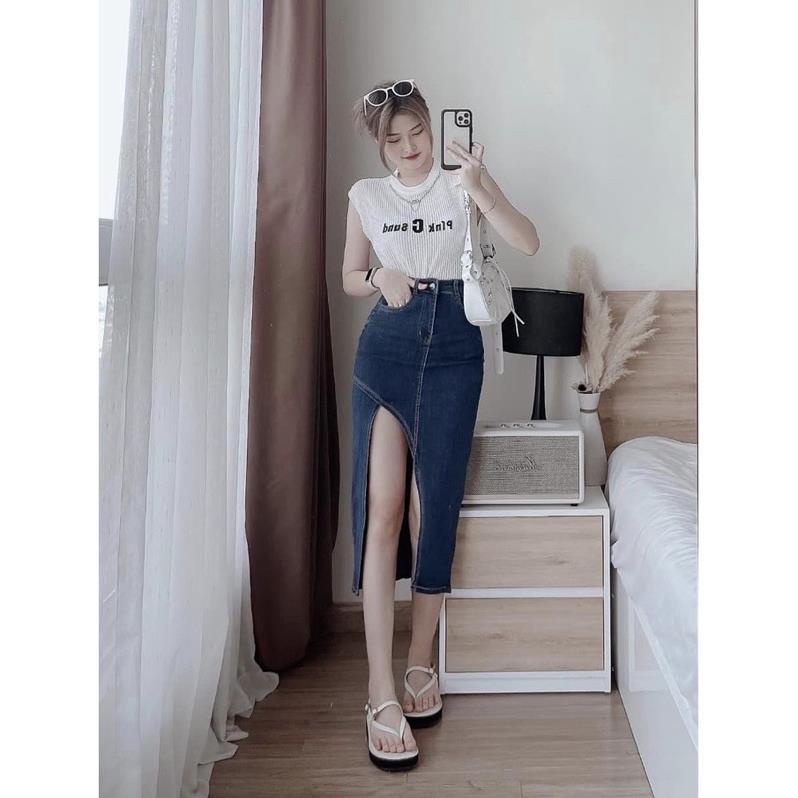 Chân Váy jeans Dài Co Giãn Xẻ Trước, Đính Nút Xịn Đẹp, Đen, Trắng, Xanh