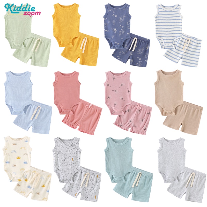 Set Đồ Mùa Hè 2 Món Gồm Áo Liền Quần Sát Nách + Quần Ngắn Co Giãn Cho Bé Sơ Sinh 12 Màu