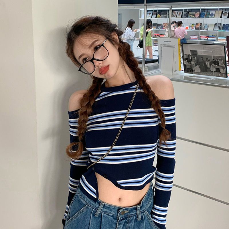 Áo Thun Trễ Vai Dáng Ngắn Họa Tiết Kẻ Sọc Thời Trang Xuân Thu 2023 Mới Cho Nữ