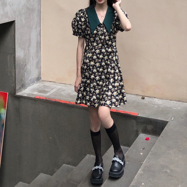 Đầm Ngắn Tay Phồng Nhấn Eo Xinh Xắn Theo Phong Cách Retro Pháp