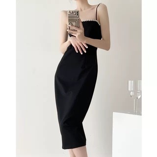 Đầm Hai Dây Đen Đính Ngọc Dáng Dài Dự Tiệc Sang Chảnh-Hannie Store