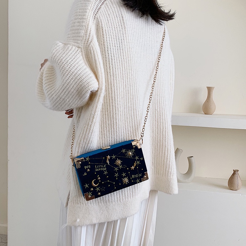 Túi Hộp Đeo Chéo Vai Bằng Nhung Họa Tiết Thêu Ngôi Sao Thời Trang Hàn Quốc Mới 2023