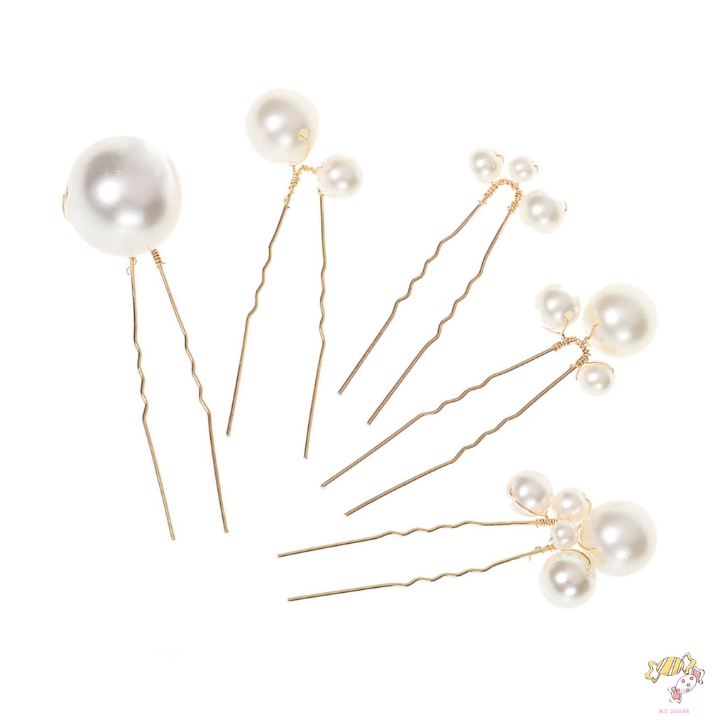 YADORNOS 5pcs/set Trâm Cài Tóc Chữ U Đính Ngọc Trai Giả Bằng Kim Loại Màu Bạc Cho Cô Dâu