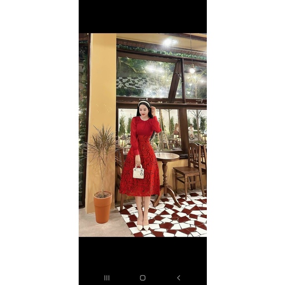 Đầm nữ thời trang mặc đi tiệc chất gấm cao cấp cổ tròn tay dài váy xoè đi tiệc sang chảnh