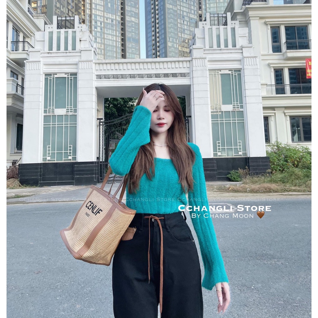 Áo len gân lông thỏ mượt nữ tay dài xòe cổ vuông dáng ôm hàng Quảng Châu đẹp dày dặn co giãn tốt mềm mịn 15356 5