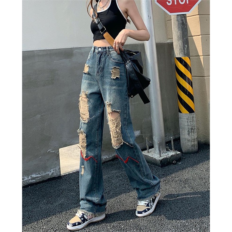 TINGYAXIU Thời trang cao eo nữ quần thủng lỗ quần ăn xin quần