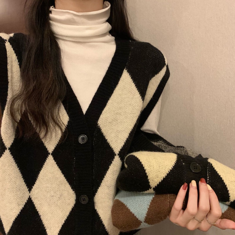 Áo Khoác Cardigan Áo Gile Dệt Kim Cổ Chữ V Dáng Rộng Màu Sắc Tương Phản Phong Cách Retro Hàn Quốc Dễ Phối Đồ