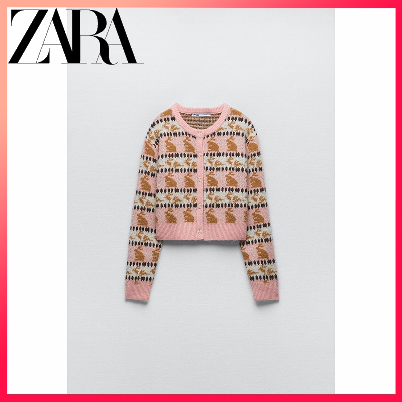 Áo Khoác ZARA Dệt Kim Họa Tiết Động Vật Xinh Xắn Dành Cho Nữ