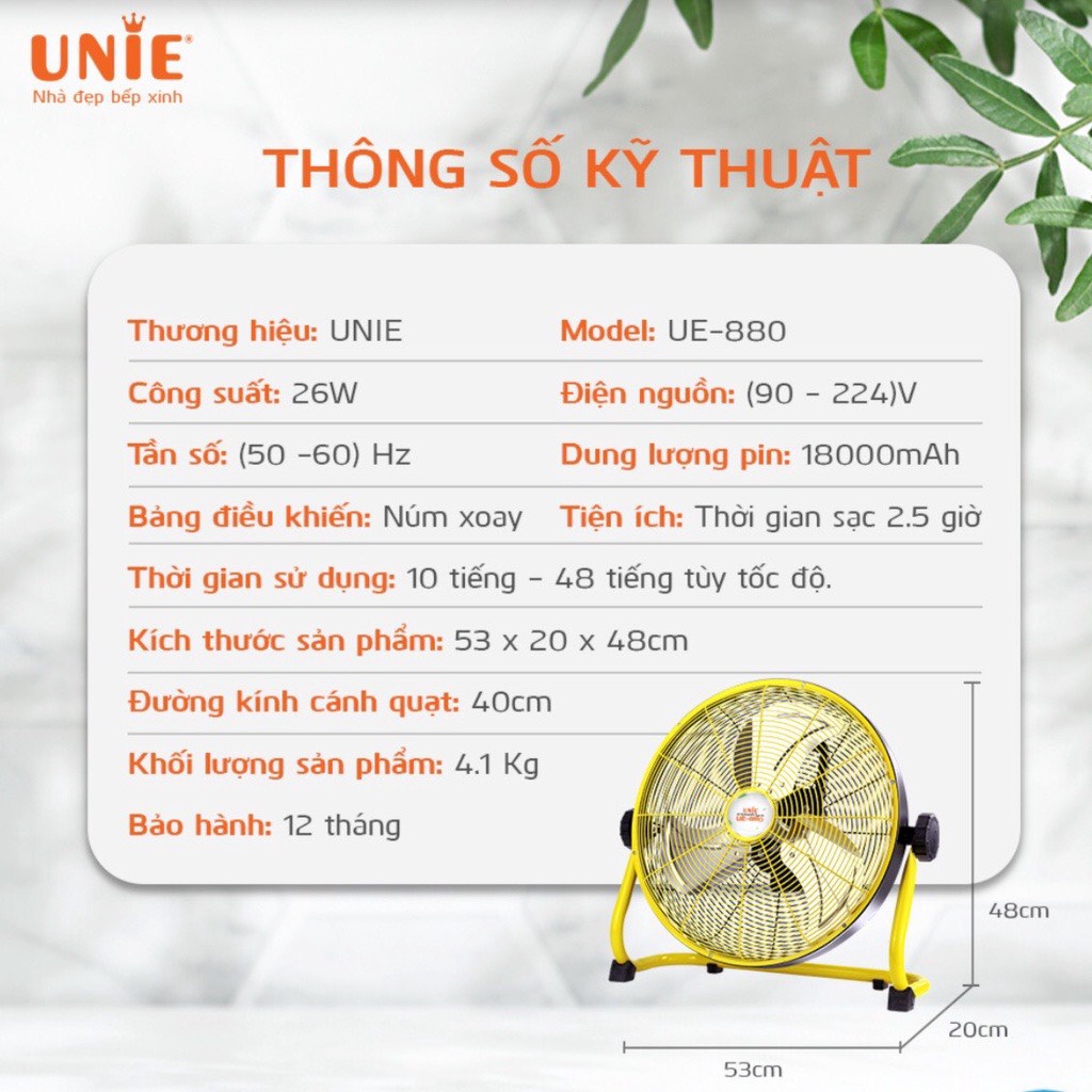 Quạt sàn tích điện Unie UE-880 công suất 26W dung lượng Pin 18000mA sử dụng 10-48h - Chính hãng