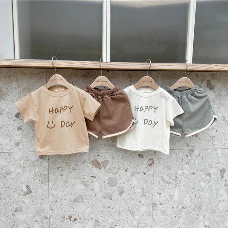 Bộ cộc tay Happy Day 2 màu cho bé trai bé gái, đồ bộ Hokiha Kids dễ thương chất cotton từ 8-15kg TE160
