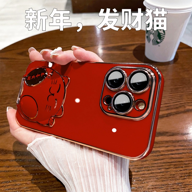 Ốp Điện Thoại Silicon Dẻo Tráng Gương Hình Mèo May Mắn 3D Sang Trọng Kèm Giá Đỡ Cho Iphone 14 13 12 11 Pro Max 14 Plus i11