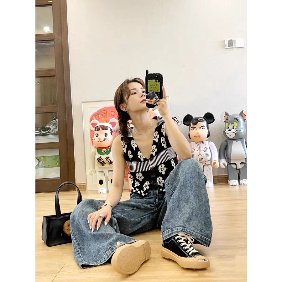 Áo Len Nữ Cộc Tay Cổ Tròn In Chữ Thời Trang