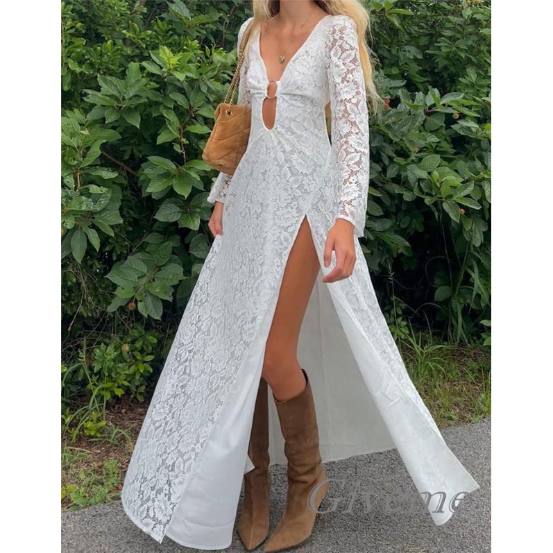 Đầm Ren Trắng Dáng Dài Cổ V Xẻ Tà Cao Tay Dài Hở Lưng Quyến Rũ Cho Nữ